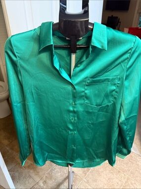 Skies Are Blue Emerald Green Satin Button-Down Shirt